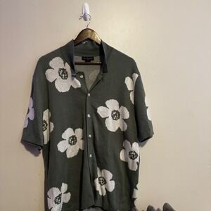 Art of Rhetoric Floral Knit Button Shirt Olive Green Short Sleeve XL Boho